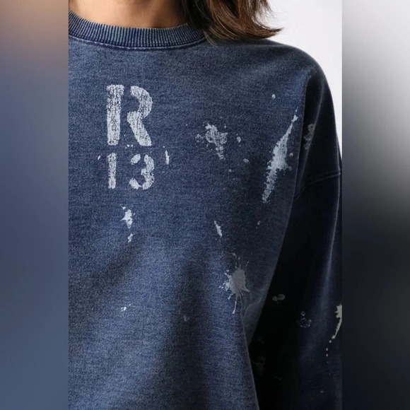 NWT R13 Cropped Distressed Crewneck Sweatshirt in Indigo Blue Paint | size S - Picture 3 of 12